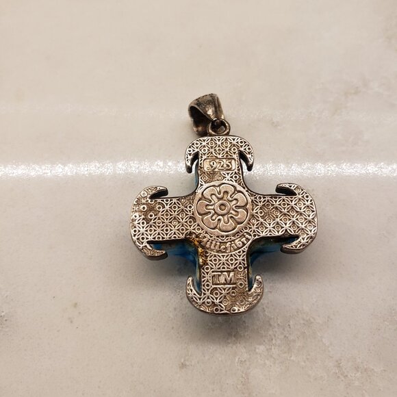 Blue Millefiori Murano Glass And Sterling Silver 925 Cross Pendant - Picture 4 of 8